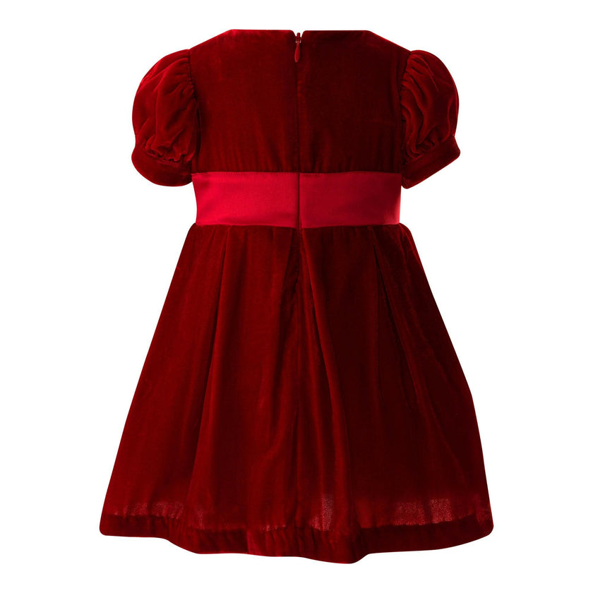 Baby Crushed Velvet Bow Ribbon Tie Short Puff Sleeve Dress