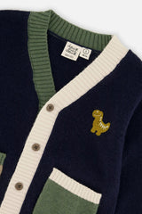 Knit Cardigan With Dino Dark Blue, Green And Yellow