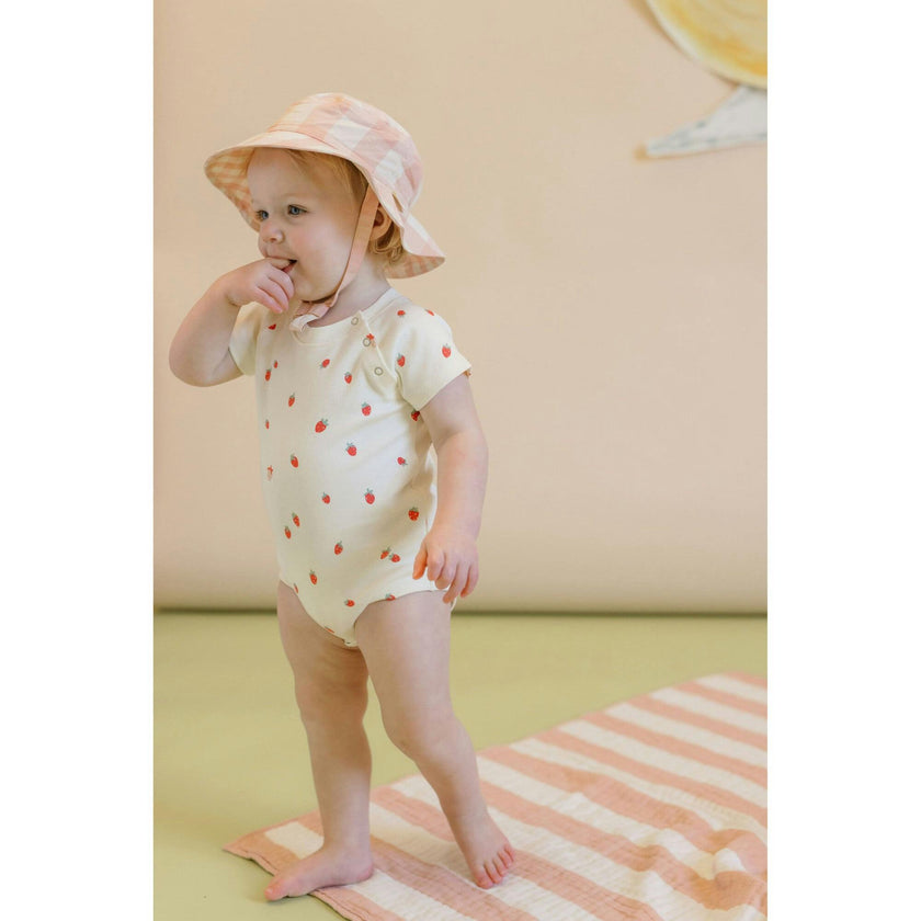 Print Short Raglan Sleeve Snap One-Piece, Red