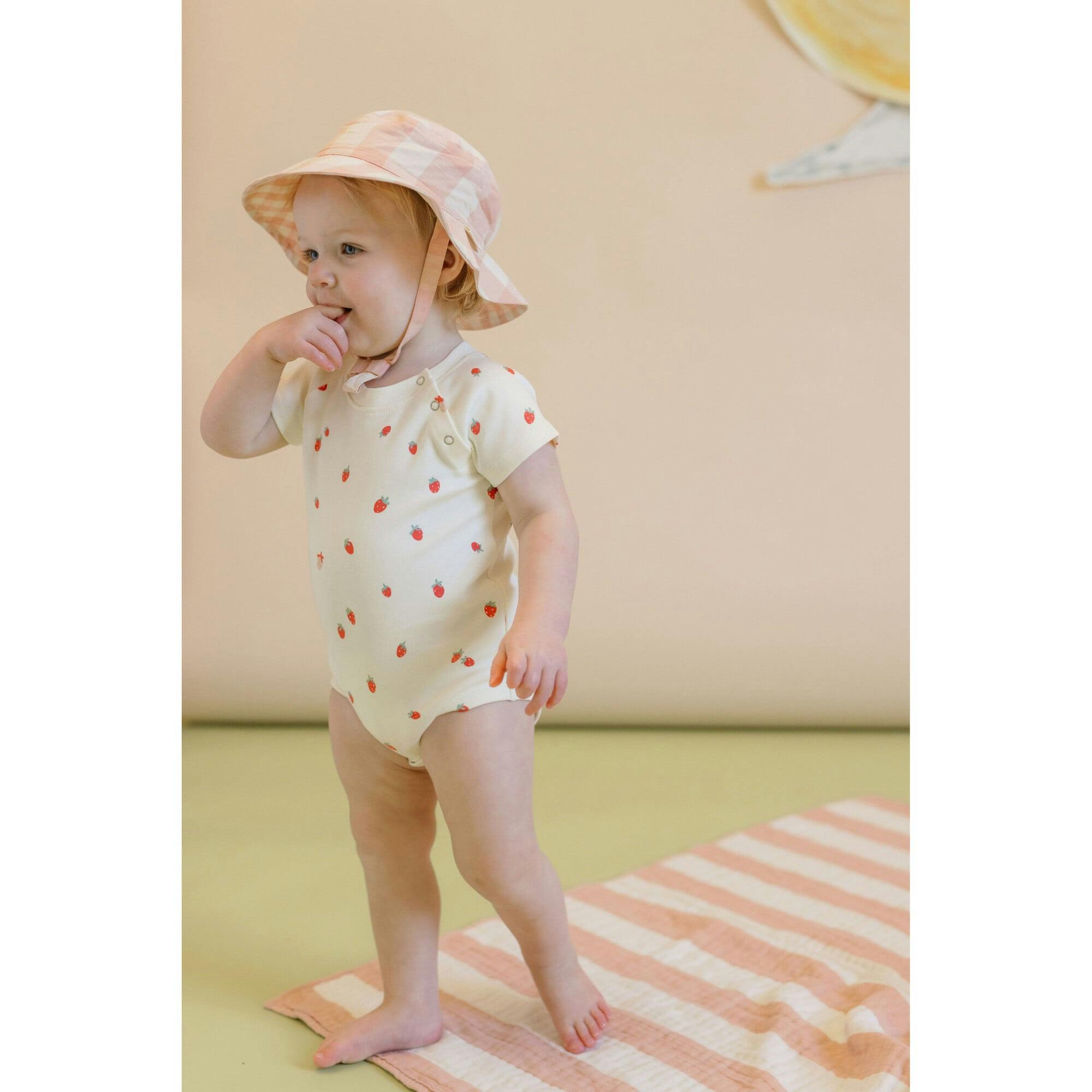 Print Short Raglan Sleeve Snap One-Piece, Red