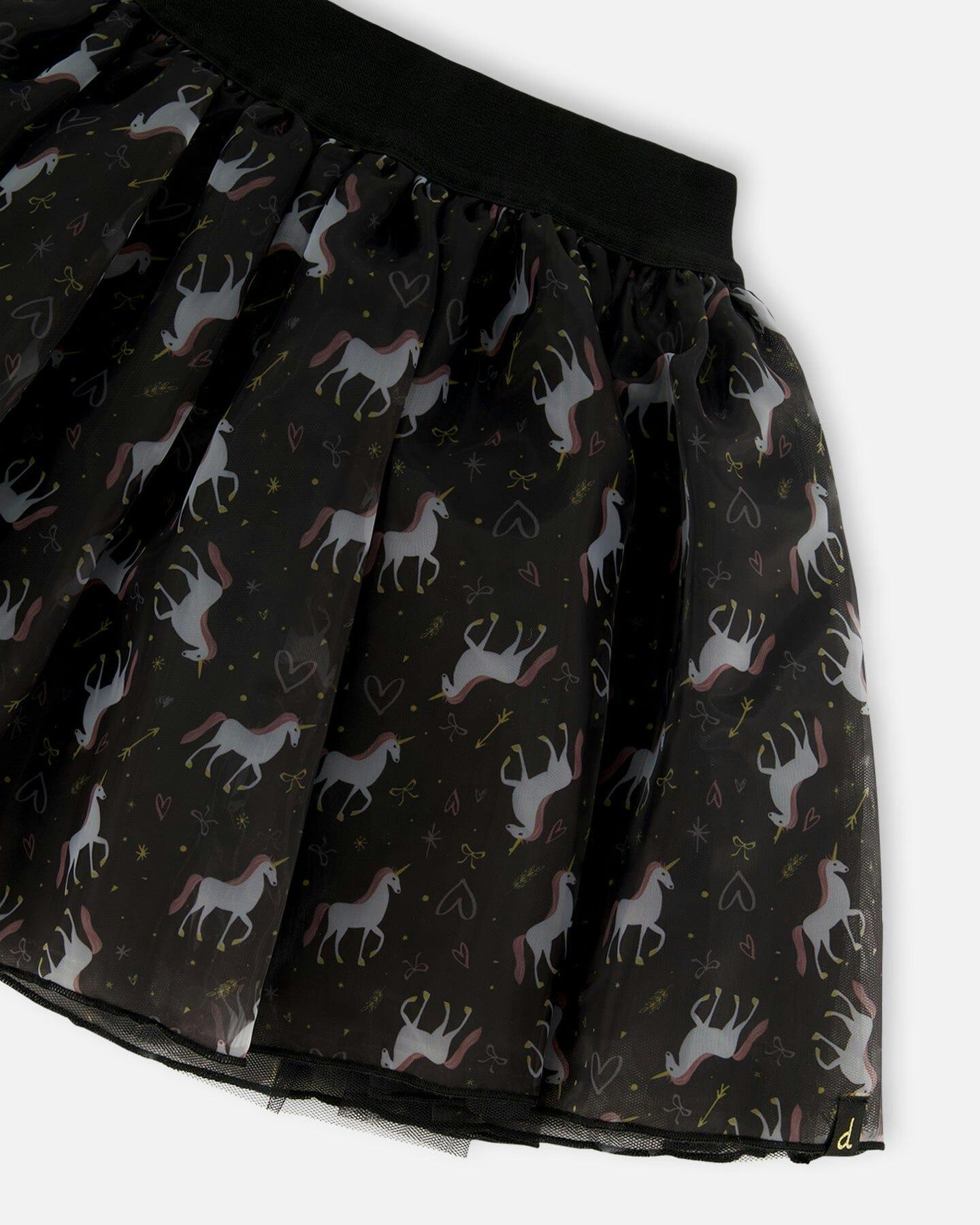 Organza and Mesh Skirt Black with Print
