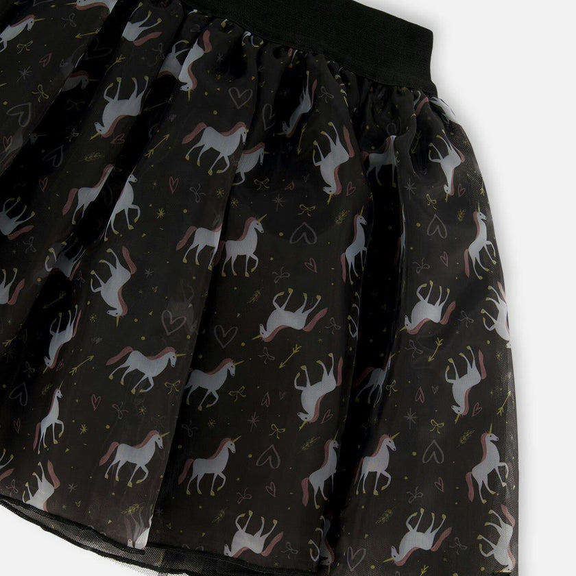 Organza and Mesh Skirt Black with Print