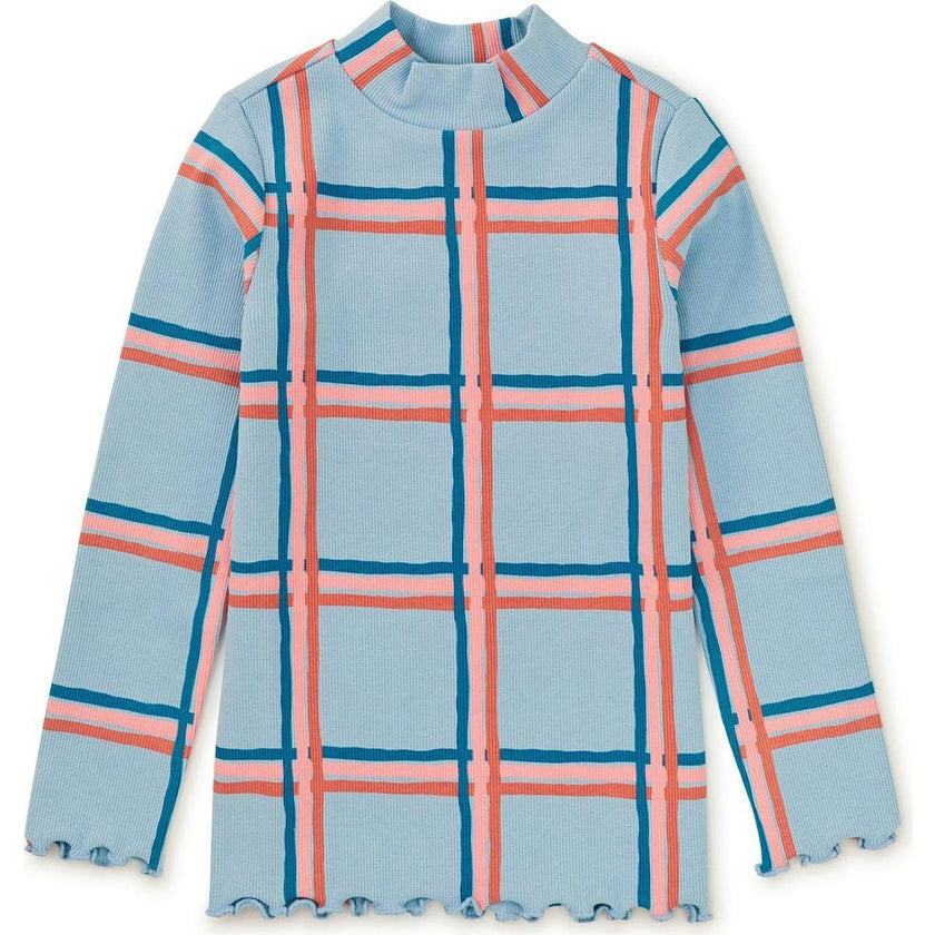 Plaid Print Ribbed Long Sleeve Mock Neck Top, Multi
