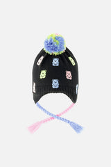 Winter Peruvian Knit Hat With Pompom Black, Pink, Blue And Green