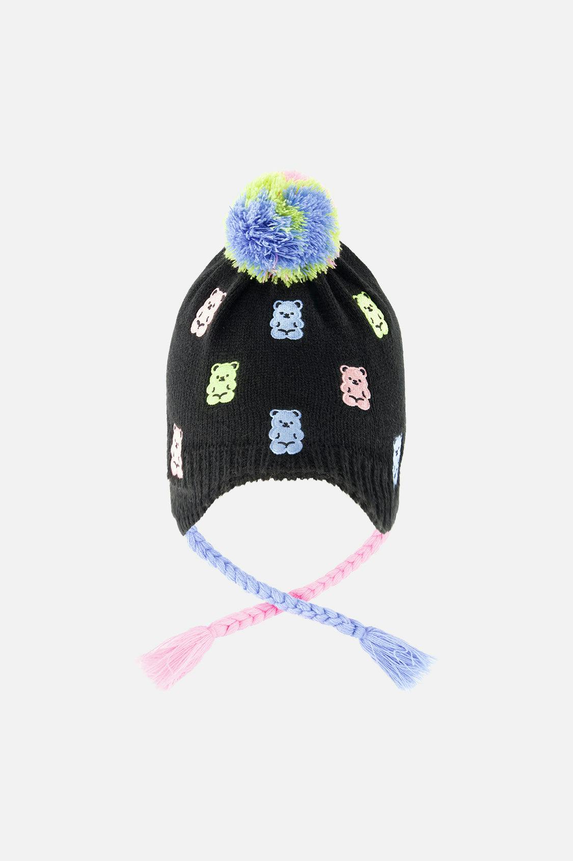 Winter Peruvian Knit Hat With Pompom Black, Pink, Blue And Green