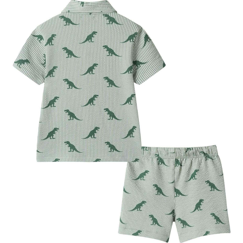 Boys Short Sleeve Cabana Set | Green Stripe Dino