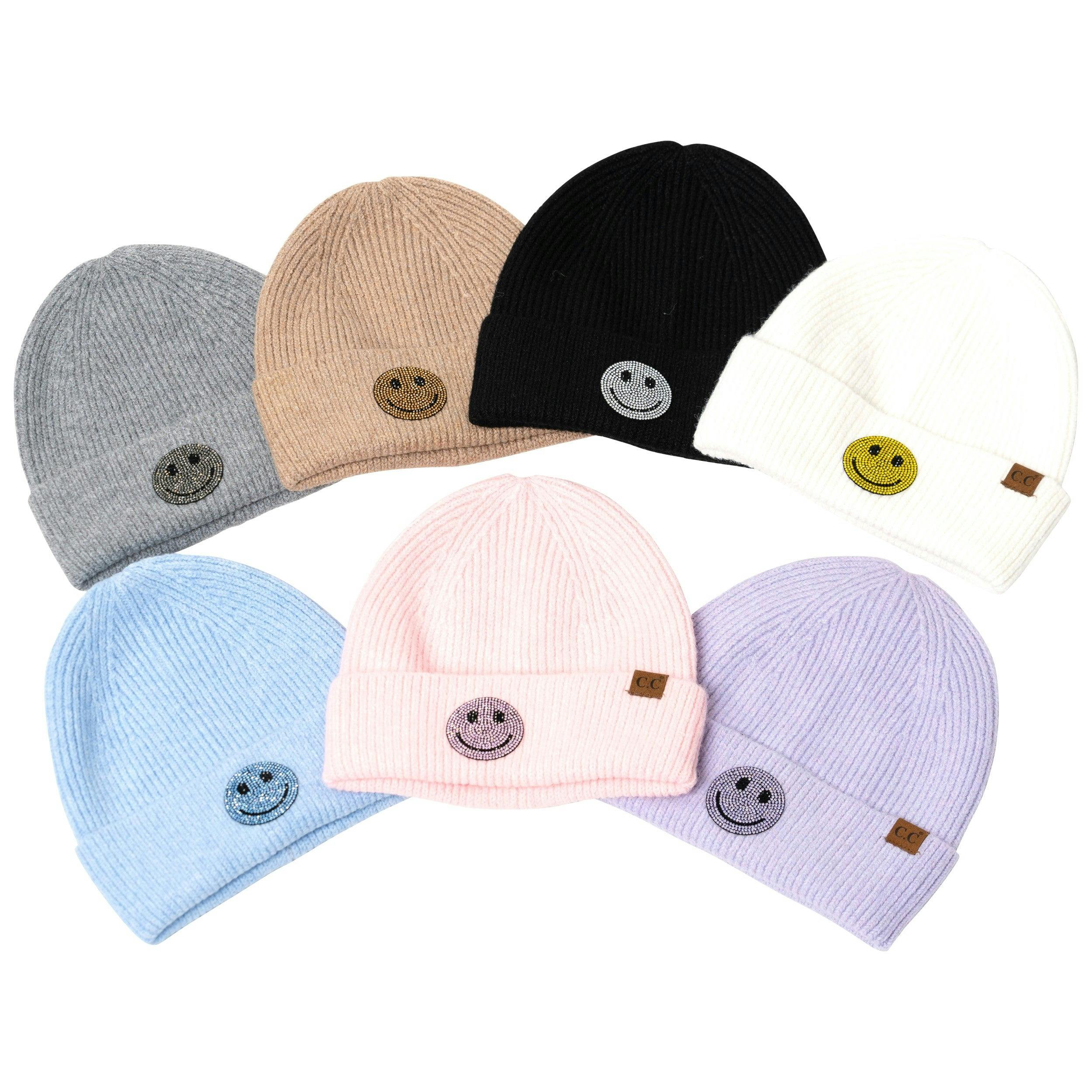 Beanie with Rhinestone Happy Face Patch