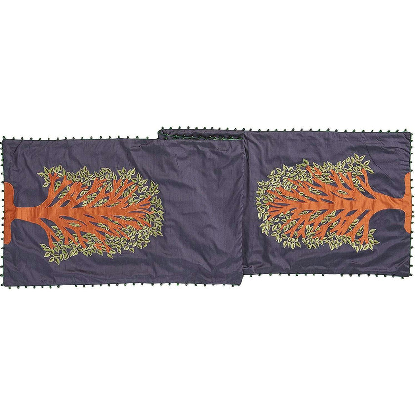 Handmade Navy Silk Table Runner Tree of Life Embroidery and Hand Beading - 18"x72"