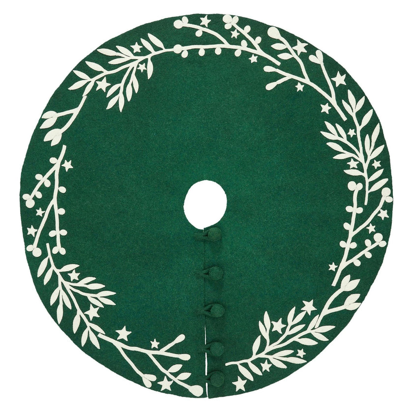 Handmade Felt Cream Branches and Stars Green Christmas Tree Skirt 60"