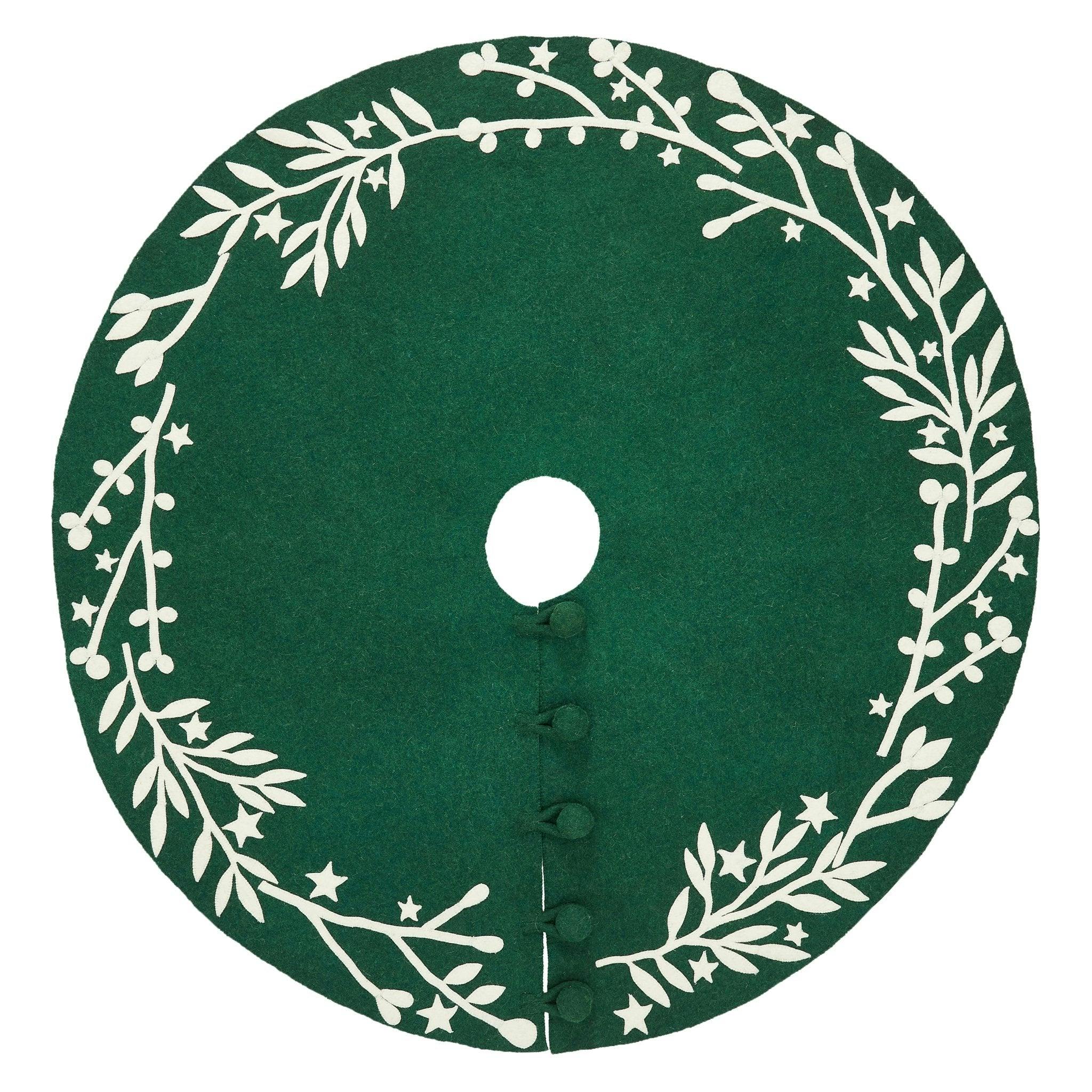 Handmade Felt Cream Branches and Stars Green Christmas Tree Skirt 60