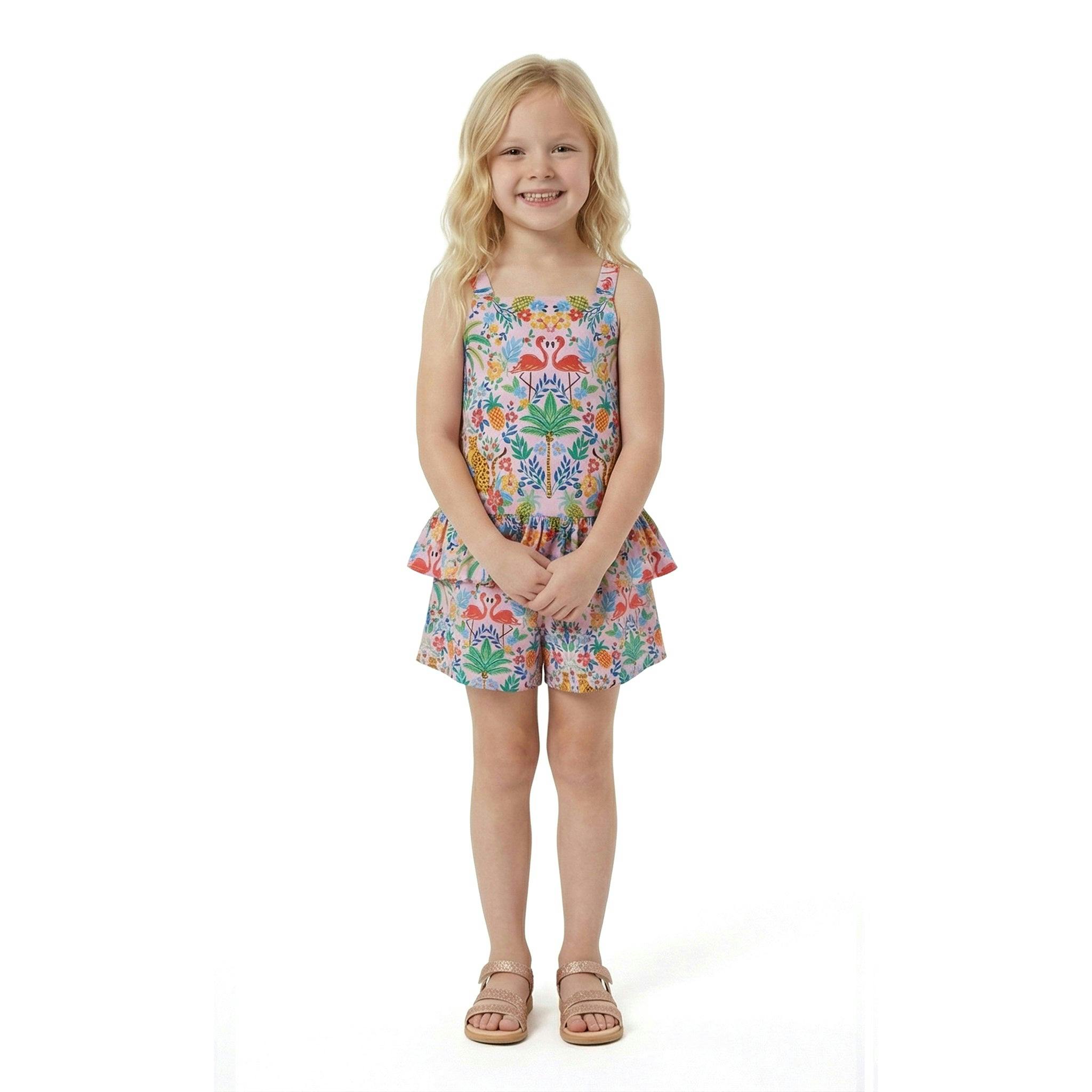 Girls Textured Cotton Poplin Top and Short Set | Pink Cheetah