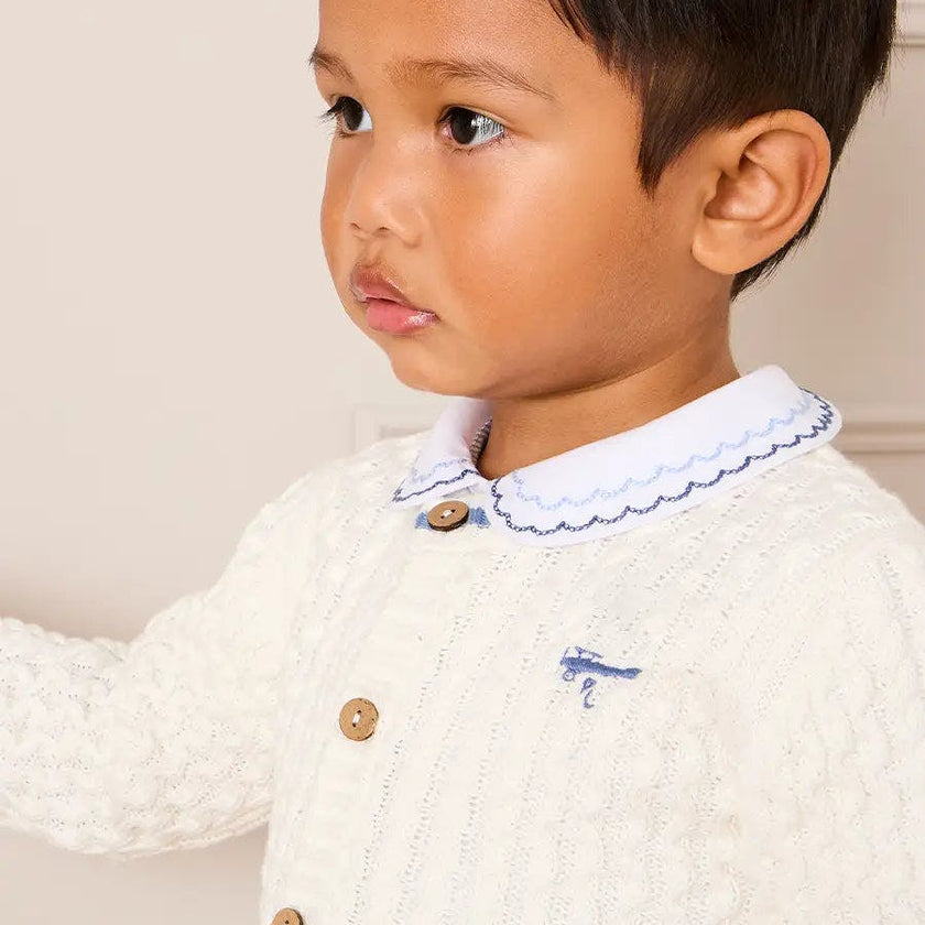 Plane Embroidered Cable Knit Cardigan in Cream (12mths-6yrs)