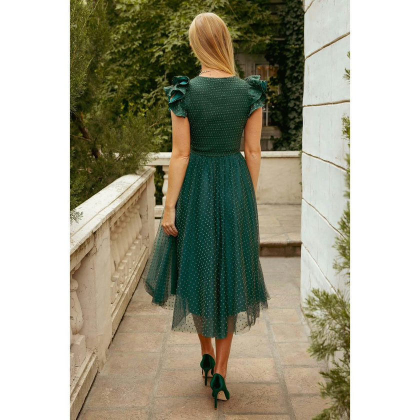 Hattie Dress in Green Flocked Dot Tulle