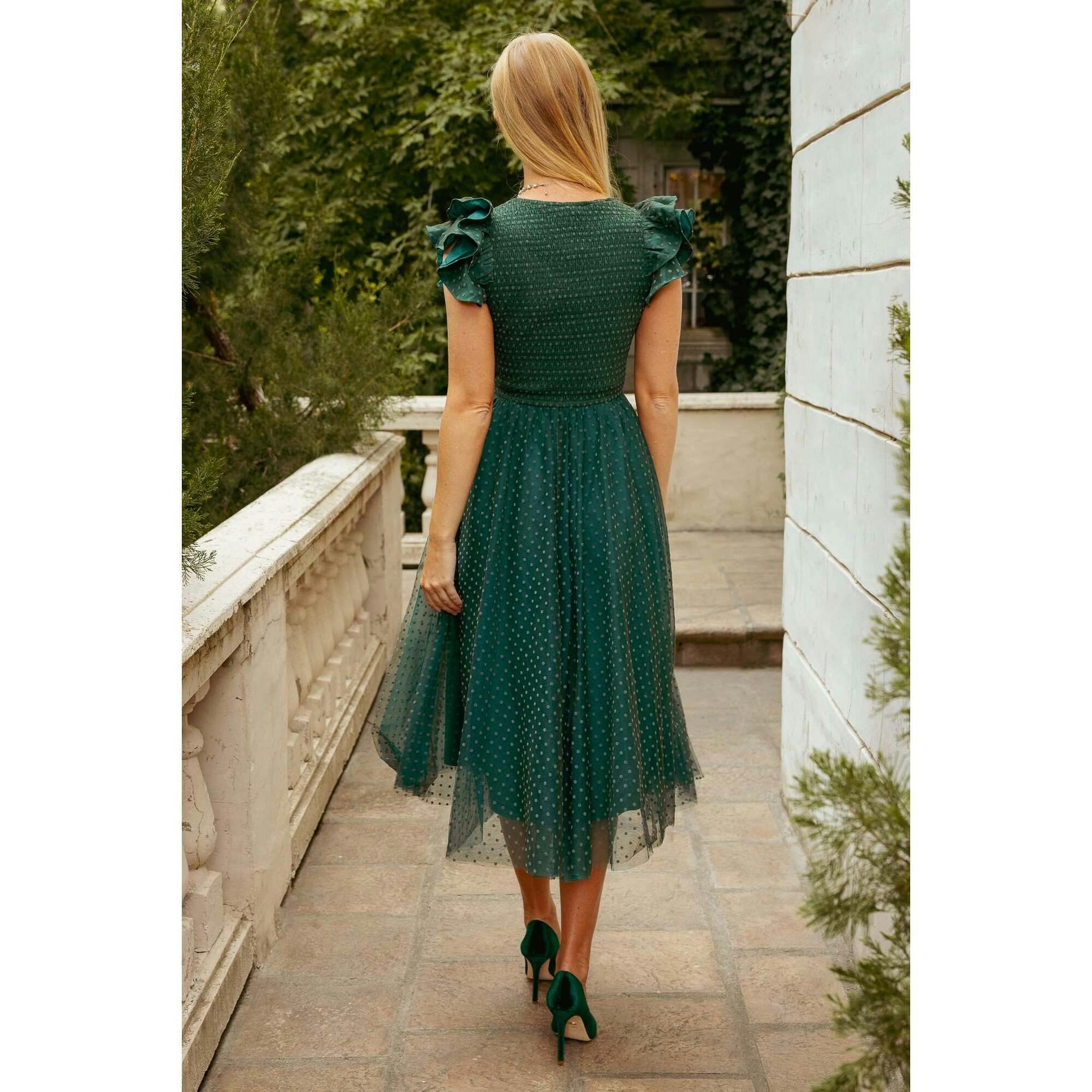 Hattie Dress in Green Flocked Dot Tulle
