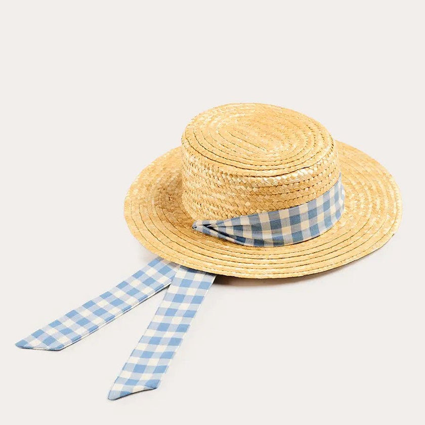 Darby Gingham Straw Boater Hat in Blue (M-L)