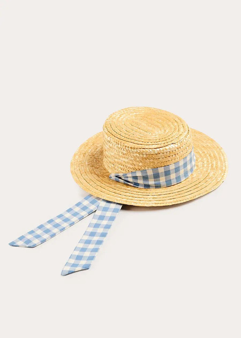 Darby Gingham Straw Boater Hat in Blue (M-L)