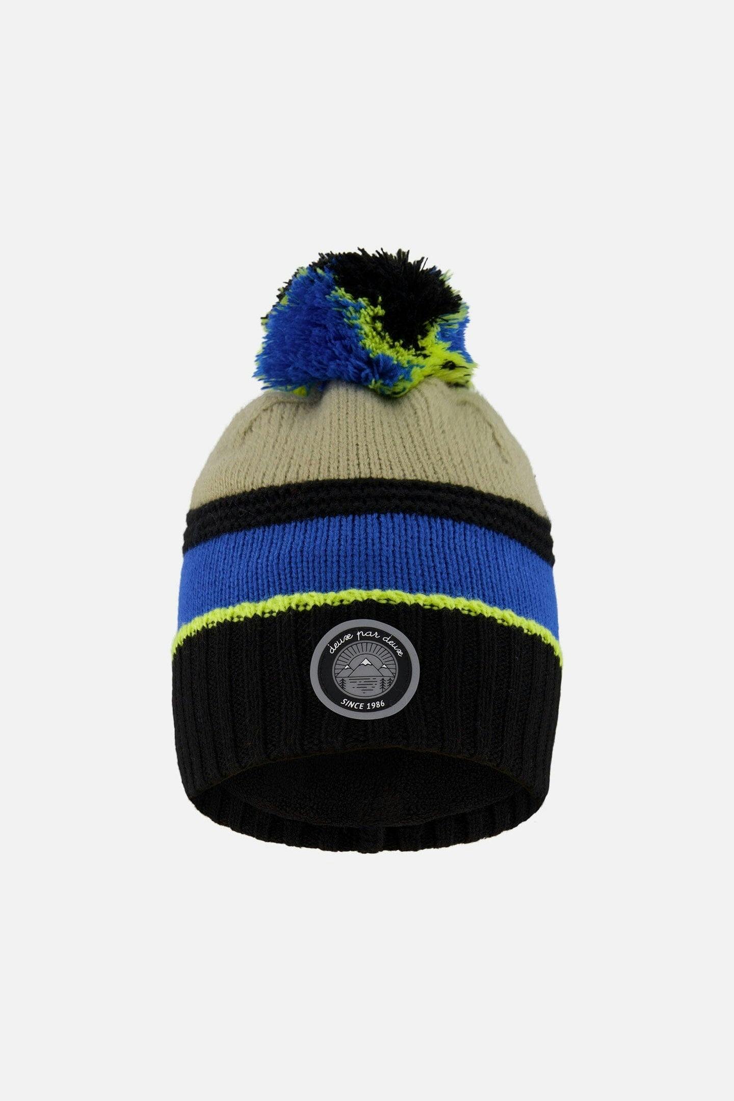 Lined Knit Pompom Hat Black, Taupe And Lime Green