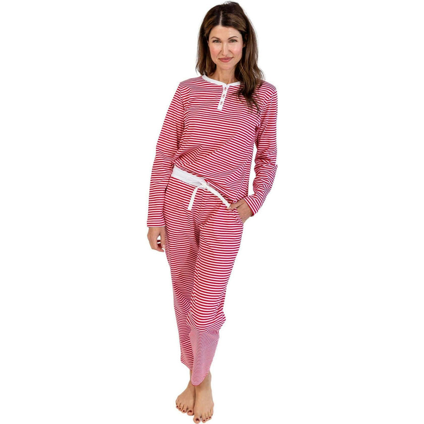 Women's Red Stripe Jersey Long PJ Set - Organic Stretch Cotton