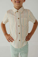 Boys Collar Button Shirt in Vintage Rainbow Stripe