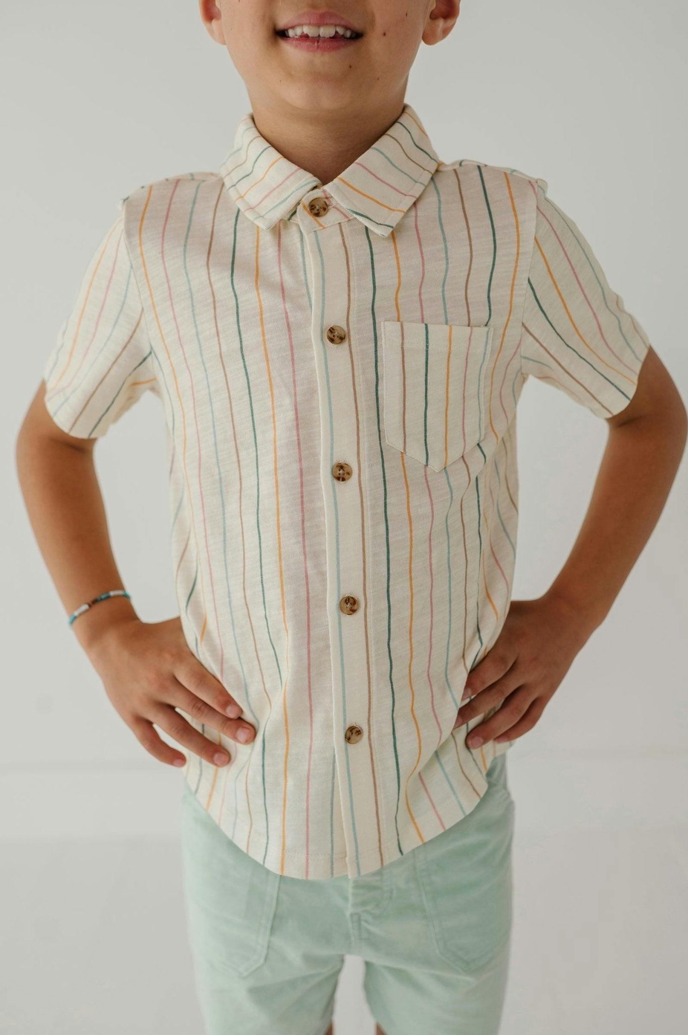 Boys Collar Button Shirt in Vintage Rainbow Stripe