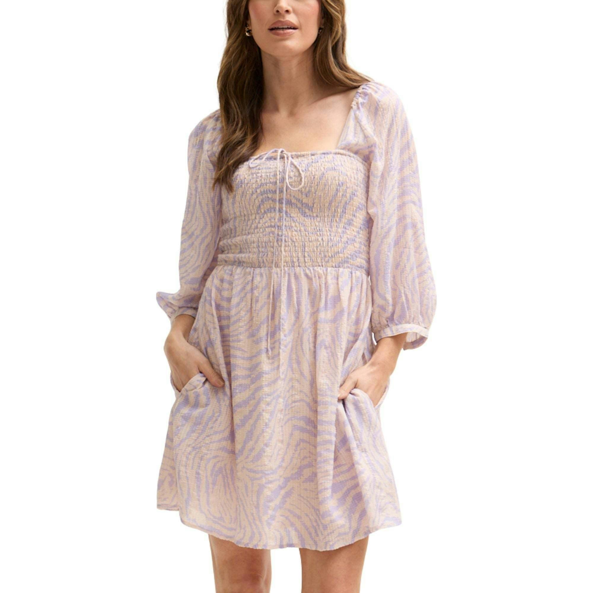 Lucy Shirred Bodice Banana Check Print Mini Dress