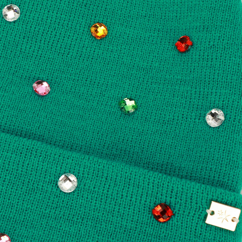 Packed Party Decked in Emerald Rhinestone Beanie and Mittens Set - Double-Layer Rib Knit with Multicolor Rhinestones and Fingerless Gloves, One Size Fits All