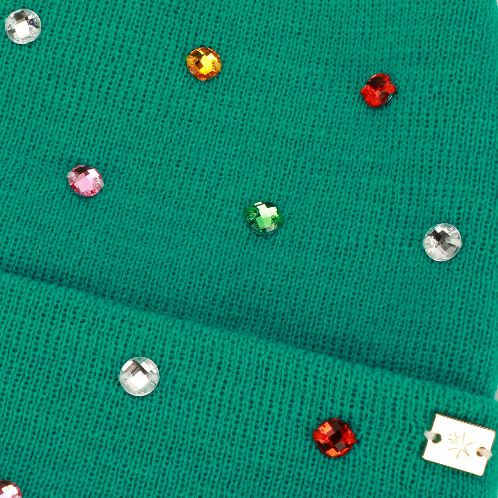 Packed Party Decked in Emerald Rhinestone Beanie and Mittens Set - Double-Layer Rib Knit with Multicolor Rhinestones and Fingerless Gloves, One Size Fits All