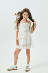 Lexi White Heart Lurex Smocked Short Sleeve Ruffle Dress