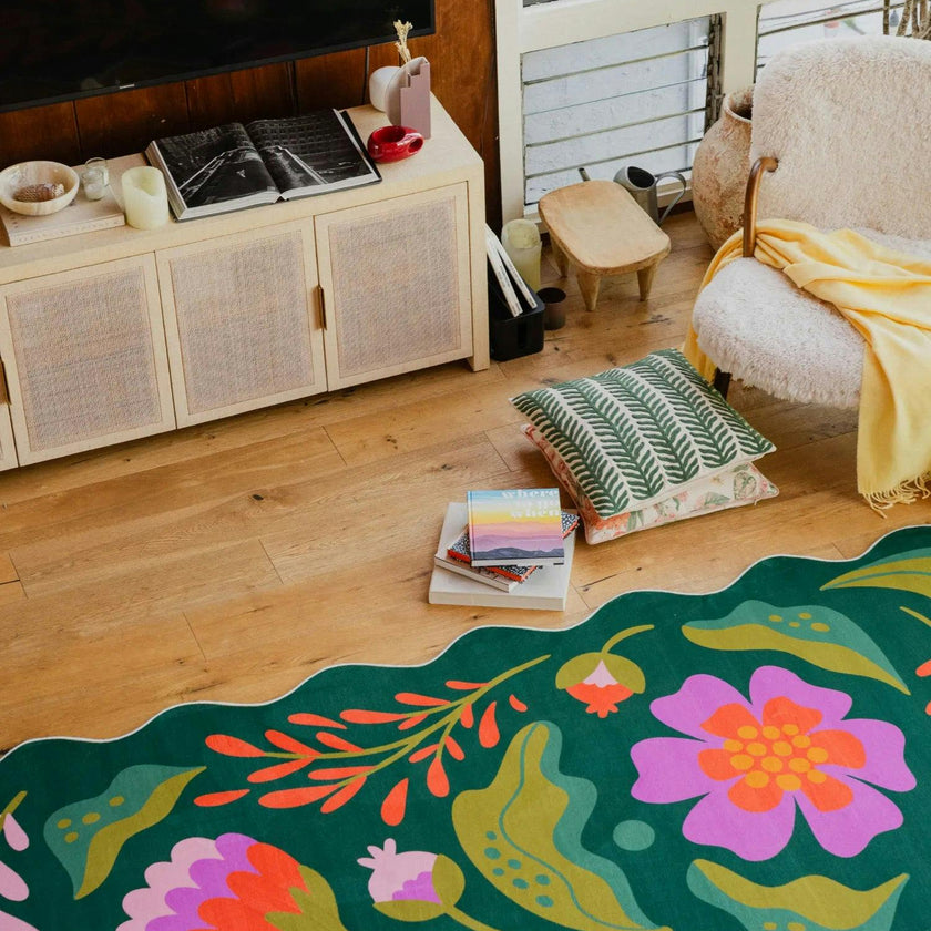 Green Base Pink Floral Wavy Rug by Jessica Miller