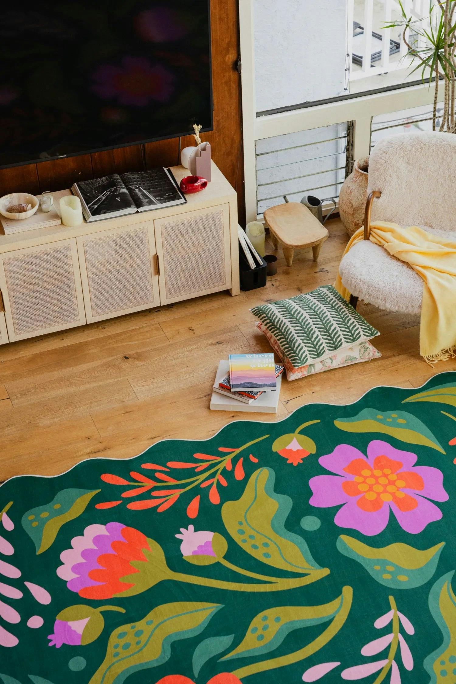 Green Base Pink Floral Wavy Rug by Jessica Miller