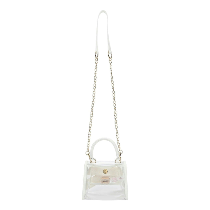 Packed Party Clear Mini Crossbody Bag - White Trim with Gold Chain Strap, Removable Satin Bow Scarf, Top Handle, 7x3.5x5 Inch