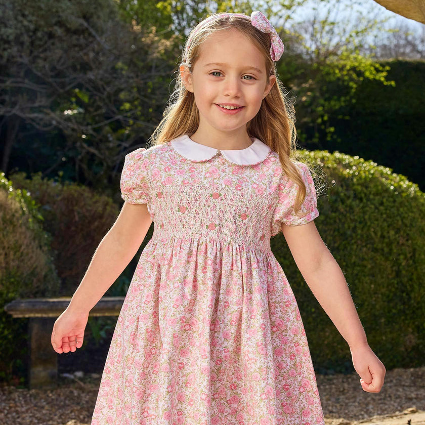 Rosie Smocked Dress in Peach Rose Floral