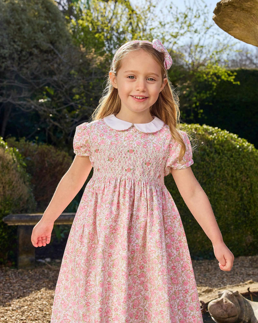 Rosie Smocked Dress in Peach Rose Floral