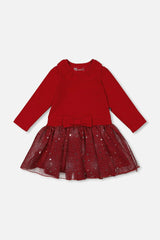 Bi-Material Dress With Glittering Skirt Red