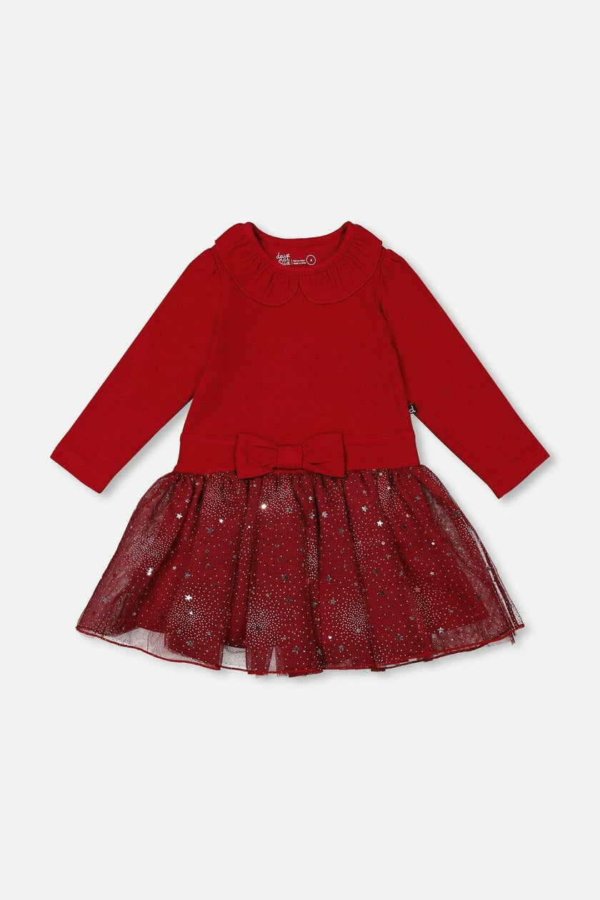 Bi-Material Dress With Glittering Skirt Red