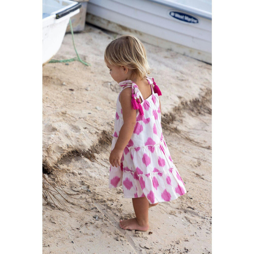 Bella Girl's Shoulder Tie Sundress White Pink Ikat, White