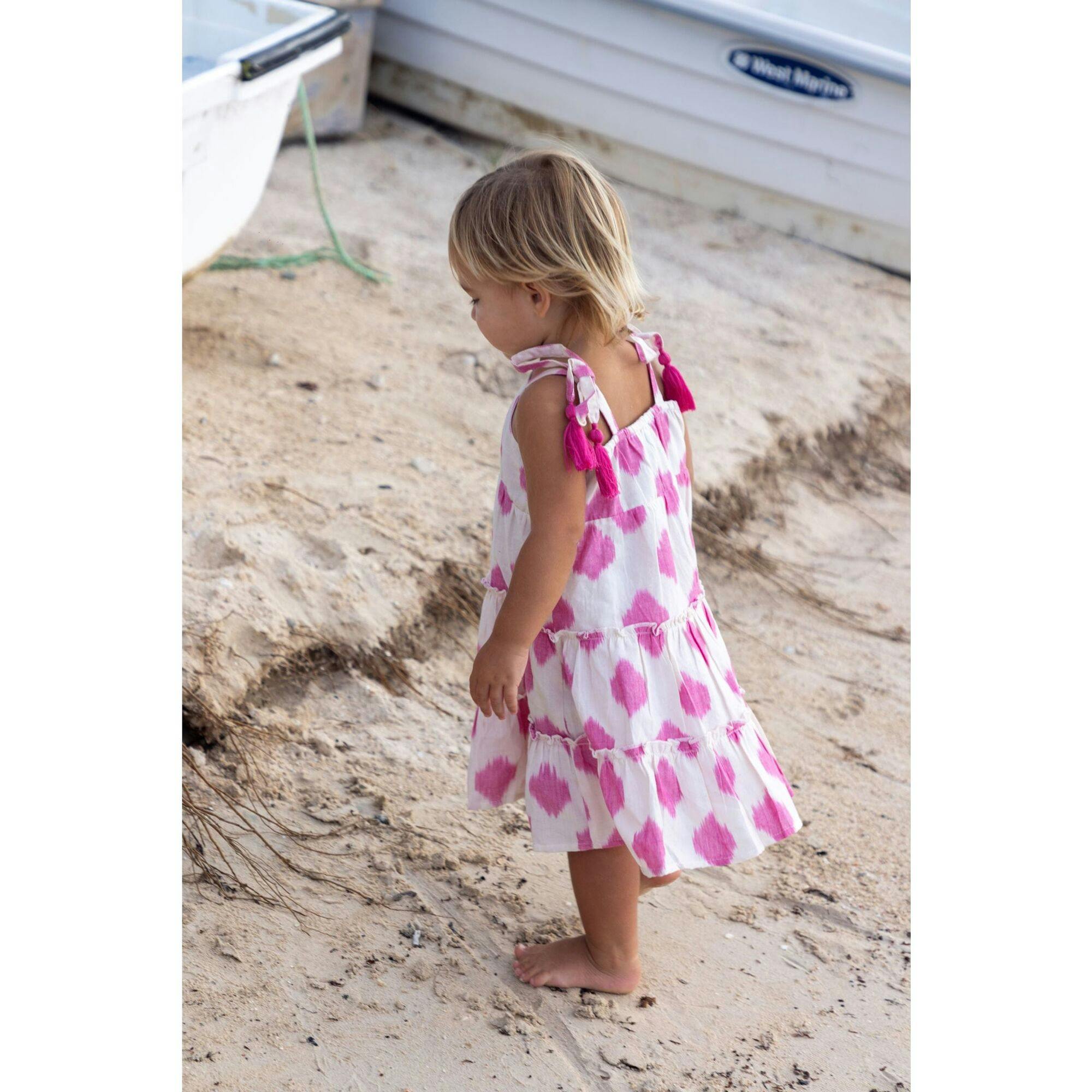 Bella Girl's Shoulder Tie Sundress White Pink Ikat, White