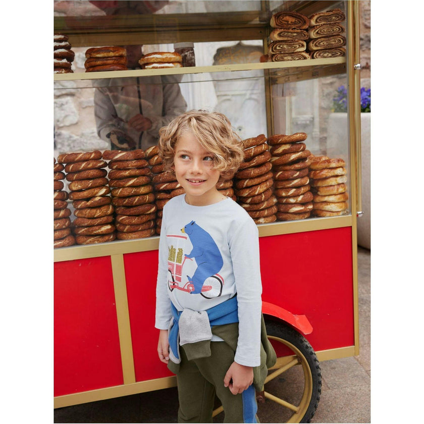 Bears Simit Cart Graphic Print Crew Neck Long Sleeve T-Shirt, Blue