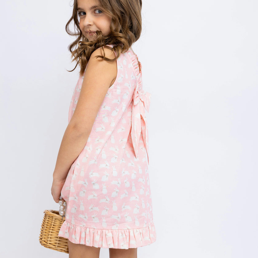 Pink Bunnies Shift Dress with Back Bow