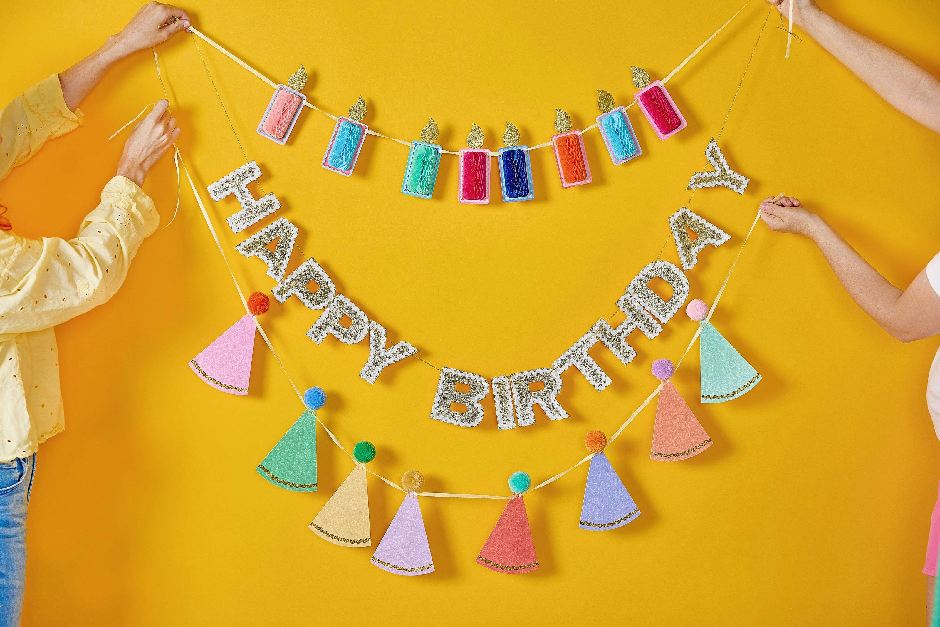 Packed Party Happy Birthday Gold Shimmer Reusable Banner - 80-Inch Glitter Gold Felt Letters with Ric Rac Trim for Birthday Parties and Celebrations
