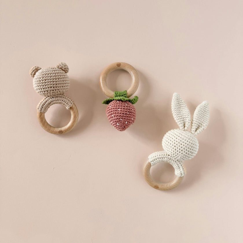 Cotton Crochet Bear Rattle Teether, Brown