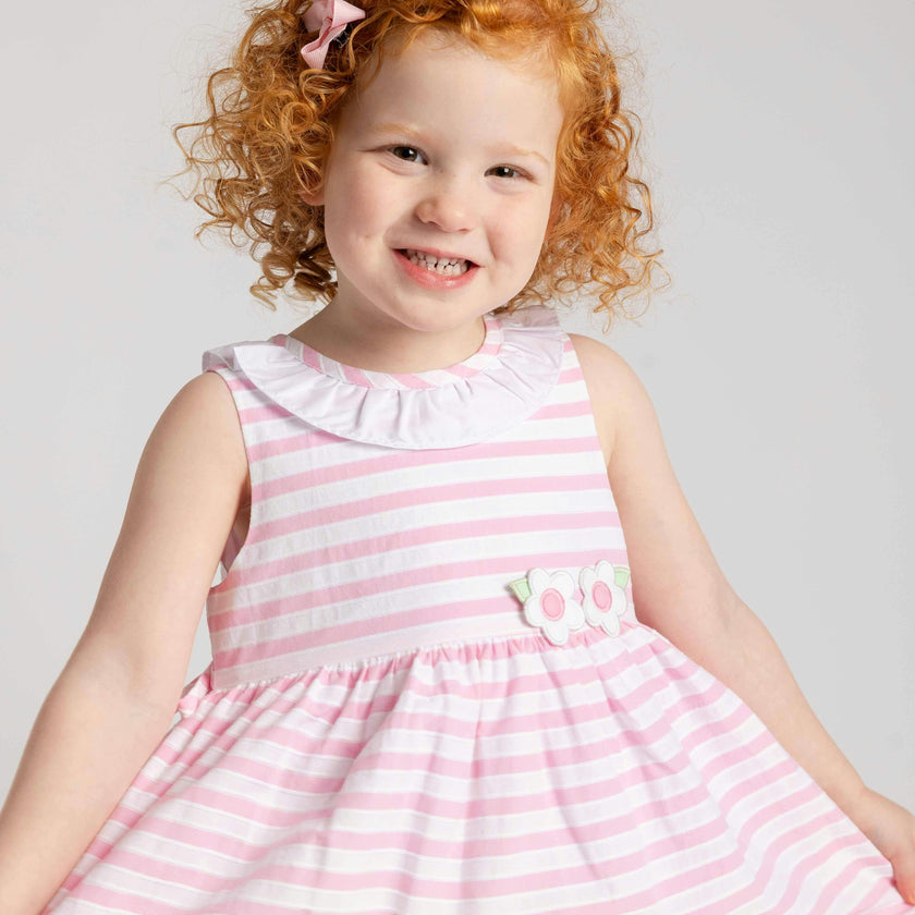 Pink Stripe Dress with Flower and Ruffle Neck