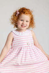 Pink Stripe Dress with Flower and Ruffle Neck