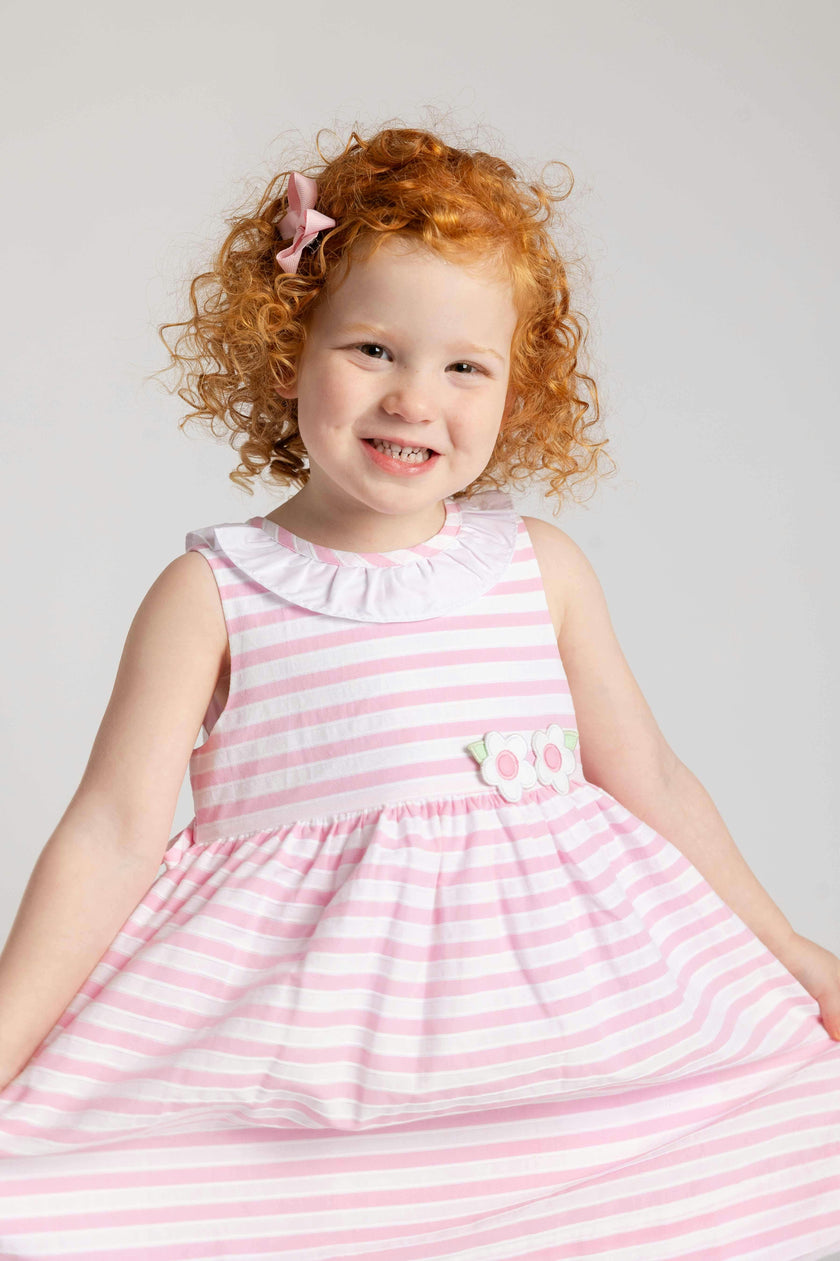 Pink Stripe Dress with Flower and Ruffle Neck