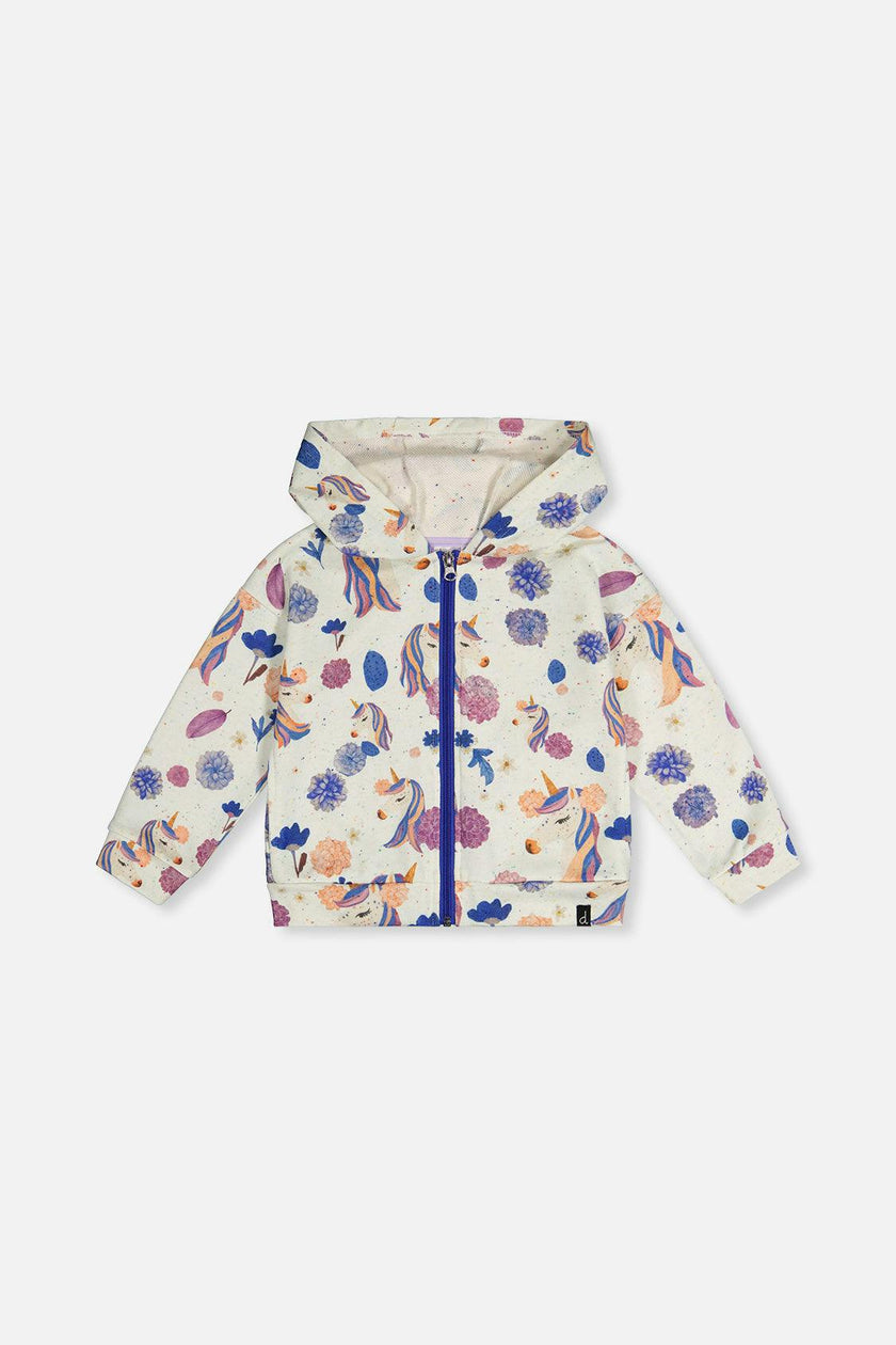 Hooded Zipped French Terry Cardigan Beige Unicorn Print
