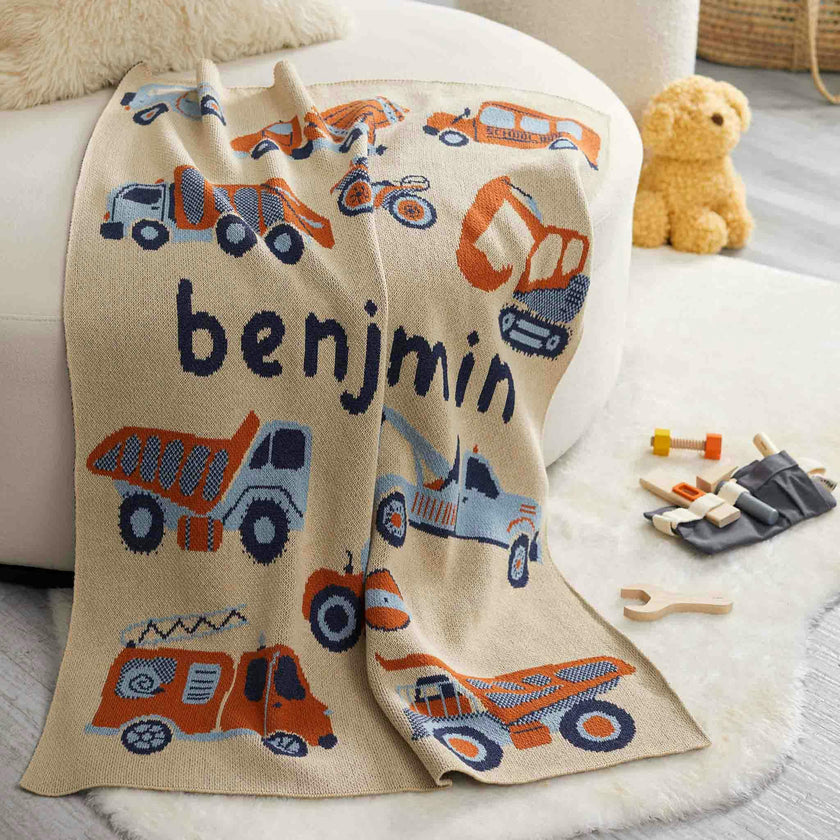 Custom Personalized Baby Sustainable Knit Throw Blanket - Trucks