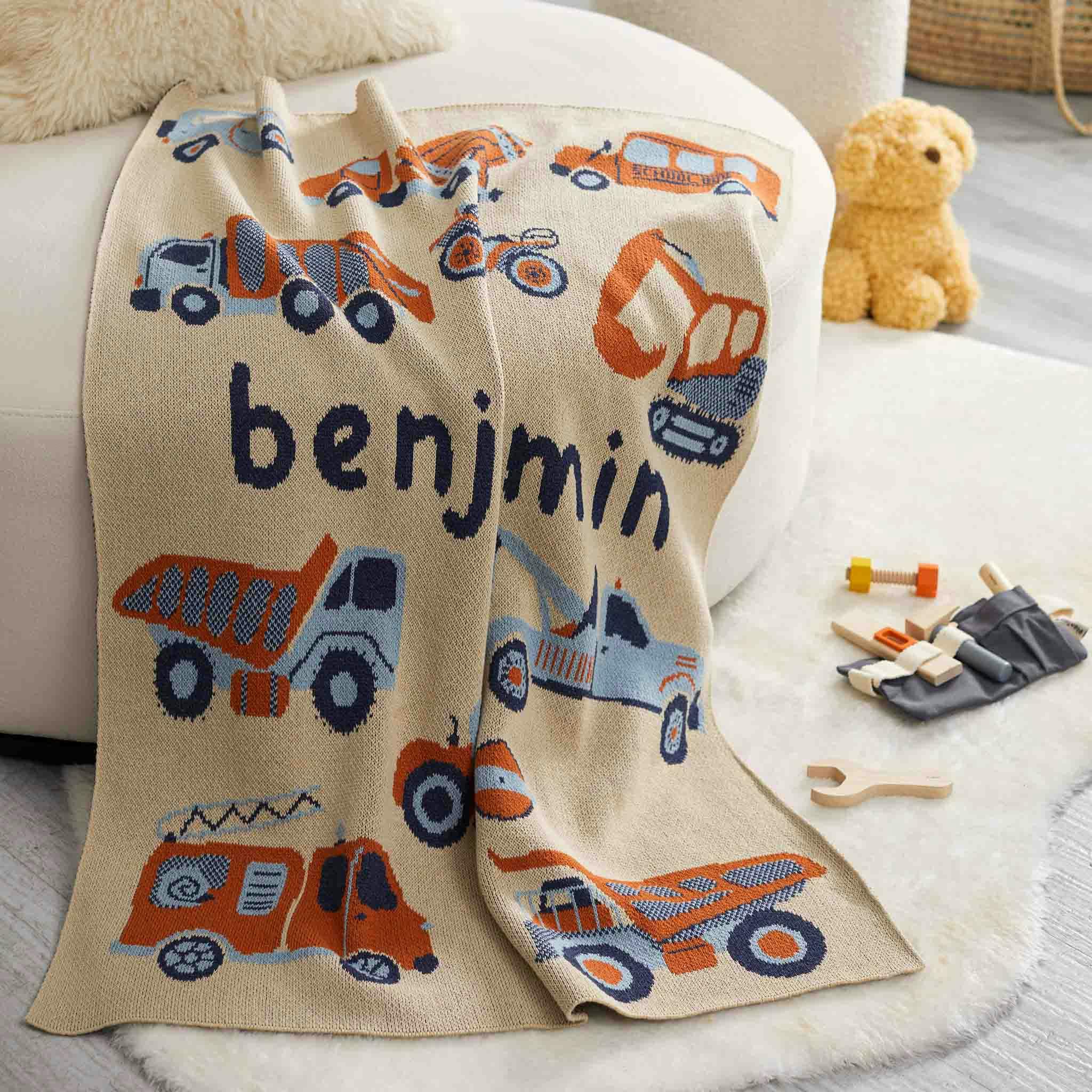 Custom Personalized Baby Sustainable Knit Throw Blanket - Trucks