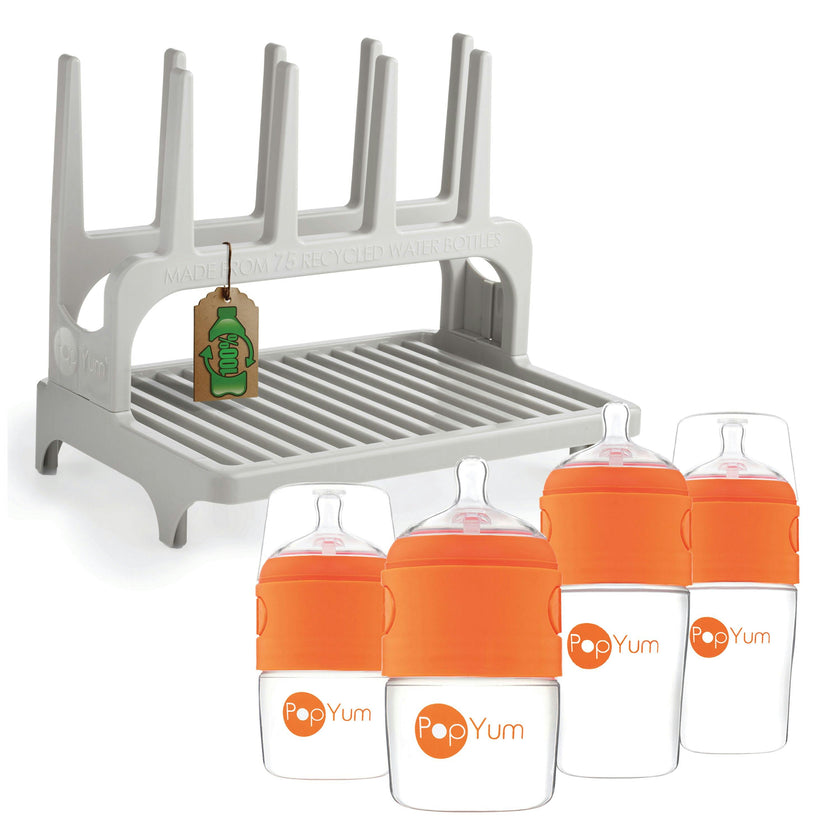 PopYum Orange Formula Making Baby Bottle Set 4-Pack with Gray Drying Rack Bundle