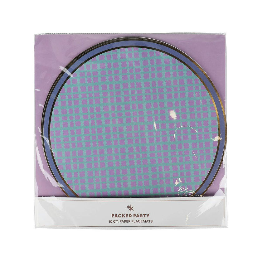 Packed Party Circus Soiree Round Paper Placemats 10ct - Gold Foil Purple Teal Blue Plaid 15 Inch Placemats for Circus Birthday Tables