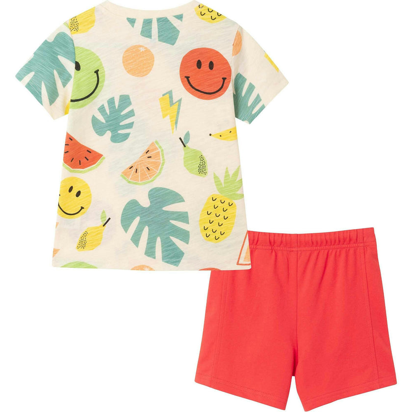 Kids Allover Fun Print Graphic Tee & Red French Terry Rib Short Set